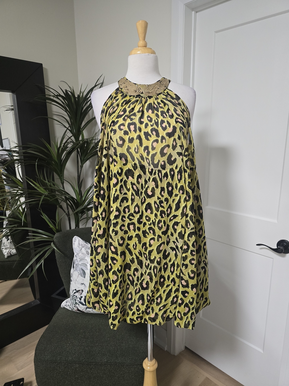 Marciano Lime Leopard Halter Dress with Embellished Neckline
